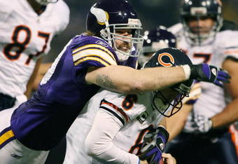 MINNEAPOLIS - NOVEMBER 29:  Jared Allen #69 of the Minnesota Vikings sacks Jay Cutler #6 of the Chicago Bears on November 29, 2009 at Hubert H. Humphrey Metrodome in Minneapolis, Minnesota. The Vikings defeated the Bears 36-10.  (Photo by Elsa/Getty Images)