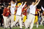 LOS ANGELES, CA - NOVEMBER 28:  Pete Carroll (C) of the USC Trojans celebrates after Damian Williams #18 wide receiver of the USC Trojans scored a 48-yard touchdown pass after UCLA Bruins called a time out with one minute remaining in the NCAA college football game at Los Angeles Memorial Coliseum on November 28, 2009 in Los Angeles, California.  (Photo by Kevork Djansezian/Getty Images)