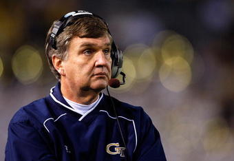 ATLANTA - NOVEMBER 28:  Head coach Paul Johnson of the Georgia Tech Yellow Jackets looks on during the game against the Georgia Bulldogs at Bobby Dodd Stadium on November 28, 2009 in Atlanta, Georgia.  (Photo by Kevin C. Cox/Getty Images)