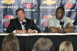 AUBURN HILLS, MI - JULY 21:  Flip Saunders (L), new Detroit Piston Head Coach, and  Piston's President Joe Dumars (R) attend a press conference at the Palace of Auburn Hills on July 21, 2005 in Auburn Hills, Michigan. Saunders, who had a 411-326 record as coach of the Minnesota Timberwolves, was hired yesterday by the Pistons to replace coach Larry Brown. NOTE TO USER: User expressly acknowledges and agrees that, by downloading and/or using this Photograph, user is consenting to the terms and conditions of the Getty Images License Agreement. Mandatory Copyright Notice: Copyright 2005 NBAE  (Photo by Bill Pugliano/Getty Images)