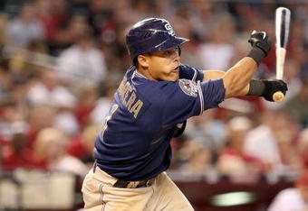 PHOENIX - JULY 08:  Everth Cabrera #1 of the San Diego Padres bats against the Arizona Diamondbacks during the major league baseball game at Chase Field on July 8, 2009 in Phoenix, Arizona. The Diamondbacks defeated the Padres 6-2.  (Photo by Christian Petersen/Getty Images)