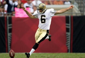 TAMPA, FL - NOVEMBER 22:  Punter Thomas Morstead #6 of the New Orleans Saints kicks off against the Tampa Bay Buccaneers during the game at Raymond James Stadium on November 22, 2009 in Tampa, Florida.  (Photo by J. Meric/Getty Images)