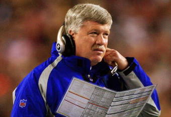 LANDOVER, MD - DECEMBER 30:  Quarterbacks coach Kevin Gilbride looks on from the sidelines against the Washington Redskins at FedEx Field on December 30, 2006 in Landover, Maryland.  (Photo by Jamie Squire/Getty Images)