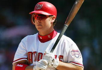 WASHINGTON - APRIL 17:  Brad Wilkerson #7 of the Washington Nationals bats against the Arizona Diamondbacks during the game on April 17, 2005 at RFK Stadium in Washington, DC.   The Nationals defeated the Diamondbacks 7-3.  (Photo By Jamie Squire/Getty Images)