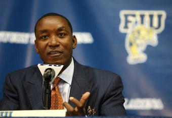 MIAMI - APRIL 15:  Isiah Thomas talks to the media after he was introduced as the new head coach for Florida International Univeristy men's basketball team at U.S.Century Bank Arena on April 15, 2009 in Miami, Florida.  (Photo by Doug Benc/Getty Images)