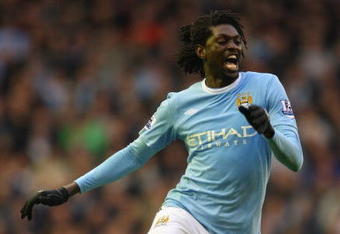 LIVERPOOL, ENGLAND - NOVEMBER 21:  Emmanuel Adebayor of Manchester City in action during the Barclays Premier League match between Liverpool and Manchester City at Anfield on November 21, 2009 in Liverpool, England.  (Photo by Mark Thompson/Getty Images)