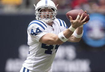 HOUSTON - NOVEMBER 29:  Running back Dallas Clark #44 of the Indianapolis Colts completes a reception in the first quarter against the Houston Texans at Reliant Stadium on November 29, 2009 in Houston, Texas.  (Photo by Bob Levey/Getty Images)
