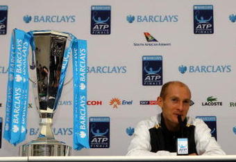 LONDON, ENGLAND - NOVEMBER 29:  Nikolay Davydenko of Russia attends a press conference after he won the men's singles final match against Juan Martin Del Potro of Argentina during the Barclays ATP World Tour Finals at the O2 Arena on November 29, 2009 in London, England.  (Photo by Julian Finney/Getty Images)