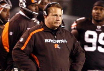 CLEVELAND - NOVEMBER 16:  Eric Mangini head coach of the Cleveland Browns watches his team against the Baltimore Ravens at Cleveland Browns Stadium on November 16, 2009 in Cleveland, Ohio.  (Photo by Matt Sullivan/Getty Images)