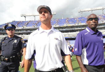 BALTIMORE - SEPTEMBER 27:  Head coach John Harbaugh of the Baltimore Ravens walks off the field after the game against the Cleveland Browns at M&T Bank Stadium on September 27, 2009 in Baltimore, Maryland. The Ravens defeated the Browns 34-3. (Photo by Larry French/Getty Images)