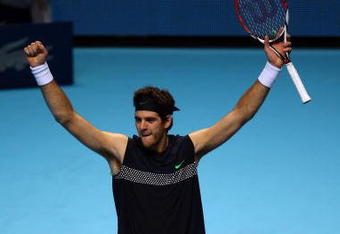 LONDON, ENGLAND - NOVEMBER 28:  Juan Martin Del Potro of Argentina celebrates winning the match during the men's singles semi final match against Robin Soderling of Swedenduring the Barclays ATP World Tour Finals at the O2 Arena on November 28, 2009 in London, England.  (Photo by Julian Finney/Getty Images)