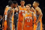 LOS ANGELES, CA - NOVEMBER 12:  Steve Nash #13, Channing Frye #8, Amar'e Stoudemire #1, Grant Hill #33 and Jason Richardson #23 of the Phoenix Suns talk during a timeout against the Los Angeles Lakers during the first half at Staples Center on November 12, 2009 in Los Angeles, California.  NOTE TO USER: User expressly acknowledges and agrees that, by downloading and/or using this Photograph, user is consenting to the terms and conditions of the Getty Images License Agreement.  (Photo by Harry How/Getty Images)