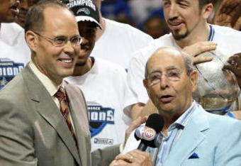 ORLANDO, FL - MAY 30: Orlando Magic owner Richard DeVos speaks on the court after defeating the Cleveland Cavaliers of the Orlando Magic in Game Six of the Eastern Conference Finals during the 2009 Playoffs at Amway Arena on May 30, 2009 in Orlando, Florida. NOTE TO USER: User expressly acknowledges and agrees that, by downloading and or using this photograph, User is consenting to the terms and conditions of the Getty Images License Agreement  (Photo by Elsa/Getty Images)