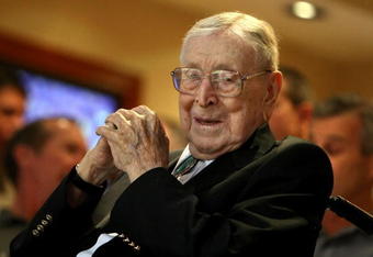 ANAHEIM, CA - DECEMBER 13:  Former UCLA college basketball coach John Wooden looks on during the John R. Wooden Classic match between the UCLA Bruins and the De Paul Blue Demons at Honda Center on December 13, 2008 in Anaheim, California.  (Photo by Christian Petersen/Getty Images)