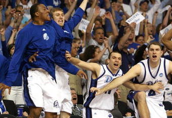 TAMPA, FL - MARCH 21:  The Drake Bulldogs bench celebrates a play during their game against the Western Kentucky Hilltoppers in the first round of the 2008 NCAA Tournament West Regional at the St. Pete Times Forum on March 21, 2008 in Tampa, Florida.  (Photo by Doug Benc/Getty Images)