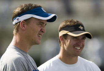 JACKSON, MS - AUGUST 26:  Quarterbacks Peyton Manning of the Indianapolis Colts and Drew Brees of the New Orleans Saints share a laugh before the game on August 26, 2006 at Veterans Memorial Stadium in Jackson, Mississippi.  The Colts won 27-14.    (Photo by Wesley Hitt/Getty Images)