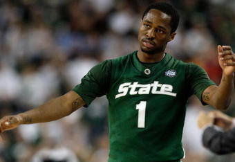 DETROIT - APRIL 06:  Kalin Lucas #1 of the Michigan State Spartans reacts in the second half against the North Carolina Tar Heels during the 2009 NCAA Division I Men's Basketball National Championship game at Ford Field on April 6, 2009 in Detroit, Michigan.  (Photo by Andy Lyons/Getty Images)