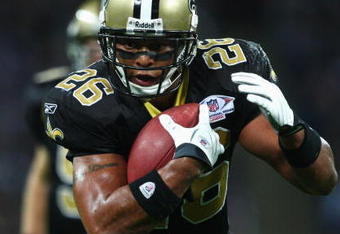 LONDON - OCTOBER 26: Deuce McAllisters of the New Orleans Saints runs with the ball during the Bridgestone International Series NFL match between San Diego Chargers and New Orleans Saints at Wembley Stadium on October 26, 2008 in London, England.  (Photo by Laurence Griffiths/Getty Images)