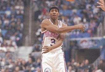 8 Feb 1997:  Guard Allen Iverson of the Philadelphia 76ers passes the ball during the NBA All-Star Rookie Game at the Gund Arena in Cleveland, Ohio.  The East won the game 96-91. Mandatory Credit: Brian Bahr  /Allsport
