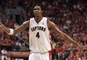 TORONTO,ON - APRIL 26:  Chris Bosh #4 of the Toronto Raptors plays against the Orlando Magic in Game Four of the Eastern Conference Quarterfinals during the 2008 NBA Playoffs on April 26, 2008 at the Air Canada Centre in Toronto, Ontario. The Magic defeated the Raptors 106-94 to take a 3-1 series lead. (Photo by Claus Andersen/Getty Images)