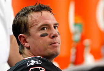 ATLANTA - NOVEMBER 29:  Quarterback Matt Ryan #2 of the Atlanta Falcons has his right foot attended to during the first half against the Tampa Bay Buccaneers at Georgia Dome on November 29, 2009 in Atlanta, Georgia.  (Photo by Kevin C. Cox/Getty Images)