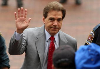 TUSCALOOSA, FL - NOVEMBER 29:  Head coach Nick Saban of the Alabama Crimson Tide waves to fans during the walk of champions before taking on the Auburn Tigers at Bryant-Denny Stadium on November 29, 2008 in Tuscaloosa, Alabama.  (Photo by Doug Benc/Getty Images)