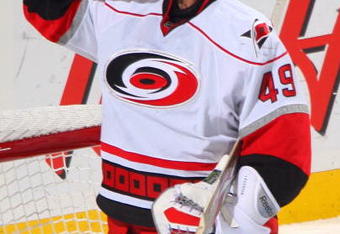 BUFFALO, NY - NOVEMBER 28:  Goaltender Michael Leighton #49 of the Carolina Hurricanes takes a water break during a break in NHL game action against the Buffalo Sabres on November 28, 2009 at HSBC Arena in Buffalo, New York. The Sabres defeated the Hurricanes 5-1. (Photo by Rick Stewart/Getty Images)