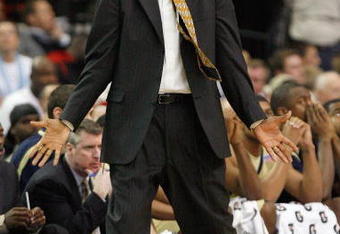 ATLANTA - MARCH 13: Head coach Paul Hewitt of the Georgia Tech Yellow Jackets watches the action against the Florida State Seminoles during day two of the 2009 ACC Men's Basketball Tournament on March 13, 2009 at the Georgia Dome in Atlanta, Georgia.  (Photo by Kevin C. Cox/Getty Images)