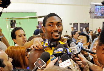 EL SEGUNDO, CA - SEPTEMBER 29: Ron Artest #37 of the Los Angeles Lakers speaks to reporters during Lakers media day at the Lakers training facility on September 29, 2009 in El Segundo, California.  NOTE TO USER: User expressly acknowledges and agrees that, by downloading and/or using this Photograph, user is consenting to the terms and conditions of the Getty Images License Agreement.  (Photo by Kevork Djansezian/Getty Images)