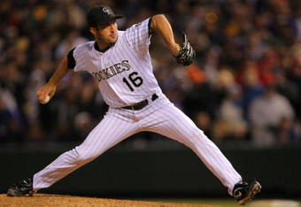 DENVER - OCTOBER 11:  Huston Street #16 of the Colorado Rockies pitches against the Philadelphia Phillies in the ninth inning in Game Four of the NLDS during the 2009 MLB Playoffs at Coors Field on October 12, 2009 in Denver, Colorado.  (Photo by Doug Pensinger/Getty Images)