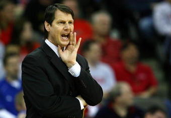 OMAHA, NE - MARCH 20:  Head coach Ken Bone of the Portland State Vikings coaches against the Kansas Jayhawks during the Midwest Region first round of the 2008 NCAA Men's Basketball Tournament on March 20, 2008 at the Qwest Center in Omaha, Nebraska.  (Photo by Jamie Squire/Getty Images)