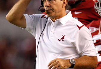 TUSCALOOSA, AL - NOVEMBER 07:  Head coach Nick Saban of the Alabama Crimson Tide against the Louisiana State University Tigers at Bryant-Denny Stadium on November 7, 2009 in Tuscaloosa, Alabama.  (Photo by Kevin C. Cox/Getty Images)