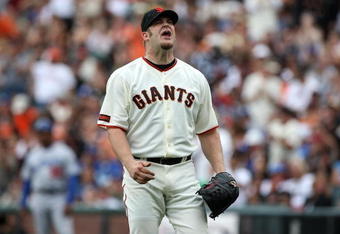 SAN FRANCISCO - SEPTEMBER 13: Brad Penny #31 of the San Francisco Giants reacts during the fourth inning against the Los Angeles Dodgers during a Major League Baseball game at AT&T Park on September 13, 2009 in San Francisco, California. (Photo by Jed Jacobsohn/Getty Images)