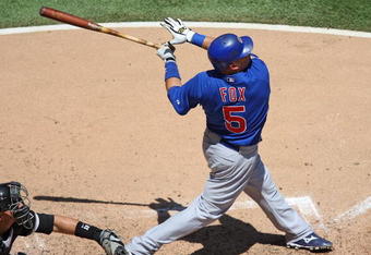 CHICAGO - JUNE 28: Jake Fox #5 of the Chicago Cubs hits the ball against the Chicago White Sox on June 28, 2009 at U.S. Cellular Field in Chicago, Illinois. The White Sox defeated the Cubs 6-0. (Photo by Jonathan Daniel/Getty Images)