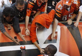 CINCINNATI - NOVEMBER 8: Chad Ochocinco #85 of the Cincinnati Bengals celebrates with his fans after defeating the Baltimore Ravens 17-7 at Paul Brown Stadium on November 8, 2009 in Cincinnati, Ohio.  (Photo by John Sommers II/Getty Images)