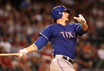 PHOENIX - JUNE 23:  Jarrod Saltalamacchia #21 of the Texas Rangers bats against the Arizona Diamondbacks during the major league baseball game at Chase Field on June 23, 2009 in Phoenix, Arizona. The Diamondbacks defeated the Rangers 8-2.  (Photo by Christian Petersen/Getty Images)