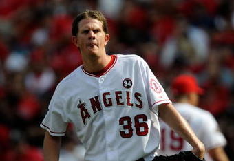 ANAHEIM, CA - OCTOBER 19:  Jered Weaver #36 of the Los Angeles Angels of Anaheim reacts in Game Three of the ALCS against the New York Yankees during the 2009 MLB Playoffs at Angel Stadium on October 19, 2009 in Anaheim, California.  (Photo by Kevork Djansezian/Getty Images)