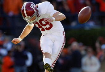 AUBURN, AL - NOVEMBER 27:  Kicker Leigh Tiffin #99 of the Alabama Crimson Tide against the Auburn Tigers at Jordan-Hare Stadium on November 27, 2009 in Auburn, Alabama.  (Photo by Kevin C. Cox/Getty Images)