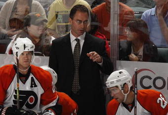 SUNRISE, FL - OCTOBER 16: Head coach John Stevens of the Philadelphia Flyers during a time out late in the third period of the game against the Florida Panthers on October 16, 2009 at the BankAtlantic Center in Sunrise, Florida. The Panthers defeated the Flyers 4-2. (Photo by Joel Auerbach/Getty Images)