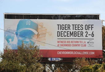 THOUSAND OAKS, CA - DECEMBER 01:  A sign promoting Tiger Woods at the Chevron World Challenge is displayed off the freeway on December 1, 2009 in Thousand Oaks, California.  (Photo by Harry How/Getty Images)
