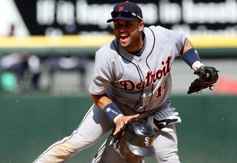 CHICAGO - JUNE 08: Placido Polanco #14 of the Detroit Tigers leaps over Alexei Ramirez #10 of the Chicago White Sox after turning a game-ending double play on June 8, 2009 at U.S. Cellular Field in Chicago, Illinois. The Tigers defeated the White Sox 5-4. (Photo by Jonathan Daniel/Getty Images)