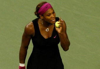 NEW YORK - SEPTEMBER 12:  Serena Williams argues a call by the line judge which led to her disqualification for a conduct violation during the Women's Singles Semifinal match against Kim Clijsters of Belgium on day thirteen of the 2009 U.S. Open at the USTA Billie Jean King National Tennis Center on September 12, 2009 in the Flushing neighborhood of the Queens borough of New York City.  Clijsters defeated Williams 6-4, 7-5. (Photo by Jared Wickerham/Getty Images)
