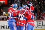 MONTREAL- DECEMBER 4:  Members of the Montreal Canadiens celebrate the first period goal by Jaroslav Spacek #6 during the NHL game against the Boston Bruins on December 4, 2009 at the Bell Centre in Montreal, Quebec, Canada.  The Canadiens defeated the Bruins 5-1.  (Photo by Richard Wolowicz/Getty Images)