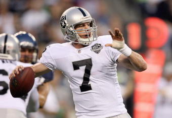 SEATTLE - SEPTEMBER 03: Quarterback  Jeff Garcia #7 of the Oakland Raiders passes the ball during the game against the Seattle Seahawks on September 3, 2009 at Qwest Field in Seattle, Washington. (Photo by Otto Greule Jr/Getty Images)  