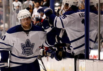 TORONTO - NOVEMBER 21: Phil Kessel #81 of the Toronto Maple Leafs celebrates shoot-out goal against the Washington Capitals during game action November 21, 2009 at the Air Canada Centre in Toronto, Ontario, Canada. (Photo by Abelimages/Getty Images)