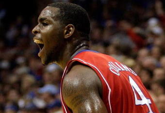 LAWRENCE, KS - DECEMBER 02:  Sherron Collins #4 of the Kansas Jayhawks reacts after making a three-pointer during the game against the Alcorn State Braves on December 2, 2009 at Allen Fieldhouse in Lawrence, Kansas.  (Photo by Jamie Squire/Getty Images)
