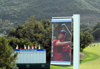 THOUSAND OAKS, CA - DECEMBER 01:  A sign of Tiger Woods overlooks the 18th green during preview for the Chevron World Challenge at Sherwood Country Club on December 1, 2009 in Thousand Oaks, California.  Woods withdrew from the tournament.  (Photo by Harry How/Getty Images)
