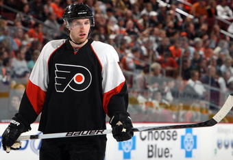 PHILADELPHIA - DECEMBER 03:  Braydon Coburn #5 of the Philadelphia Flyers skates against the Vancouver Canucks on December 3, 2009 at Wachovia Center in Philadelphia, Pennsylvania.  (Photo by Jim McIsaac/Getty Images)