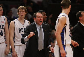 NEW YORK - NOVEMBER 27:  Head coach of the Duke Blue Devils, Mike Krzyzewski yells from the bench against the Connecticut Huskies during the Championship game at Madison Square Garden on November 27, 2009 in New York, New York.  (Photo by Nick Laham/Getty Images)