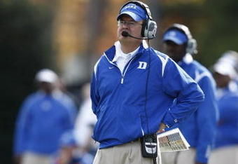 DURHAM, NC - NOVEMBER 14:  Head coach David Cutcliffe of the Duke Blue Devils looks on against the Georgia Tech Yellow Jackets at Wallace Wade Stadium on November 14, 2009 in Durham, North Carolina. (Photo by Joe Robbins/Getty Images)